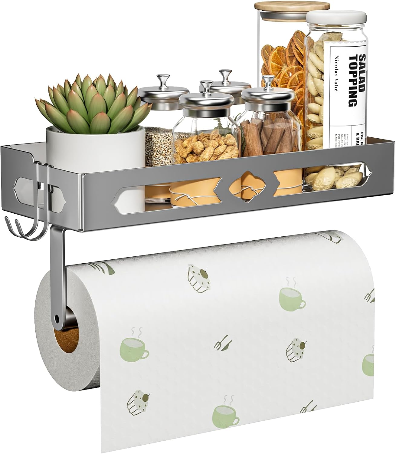 Paper Towel Holder Wall Mount for Kitchen, Easy One-handed Operation Design, Self Adhesive Paper Towel Holder with Shelf for Bathroom, RV Paper Towel Rack Paper Roll Holder with 2 Hooks, Black