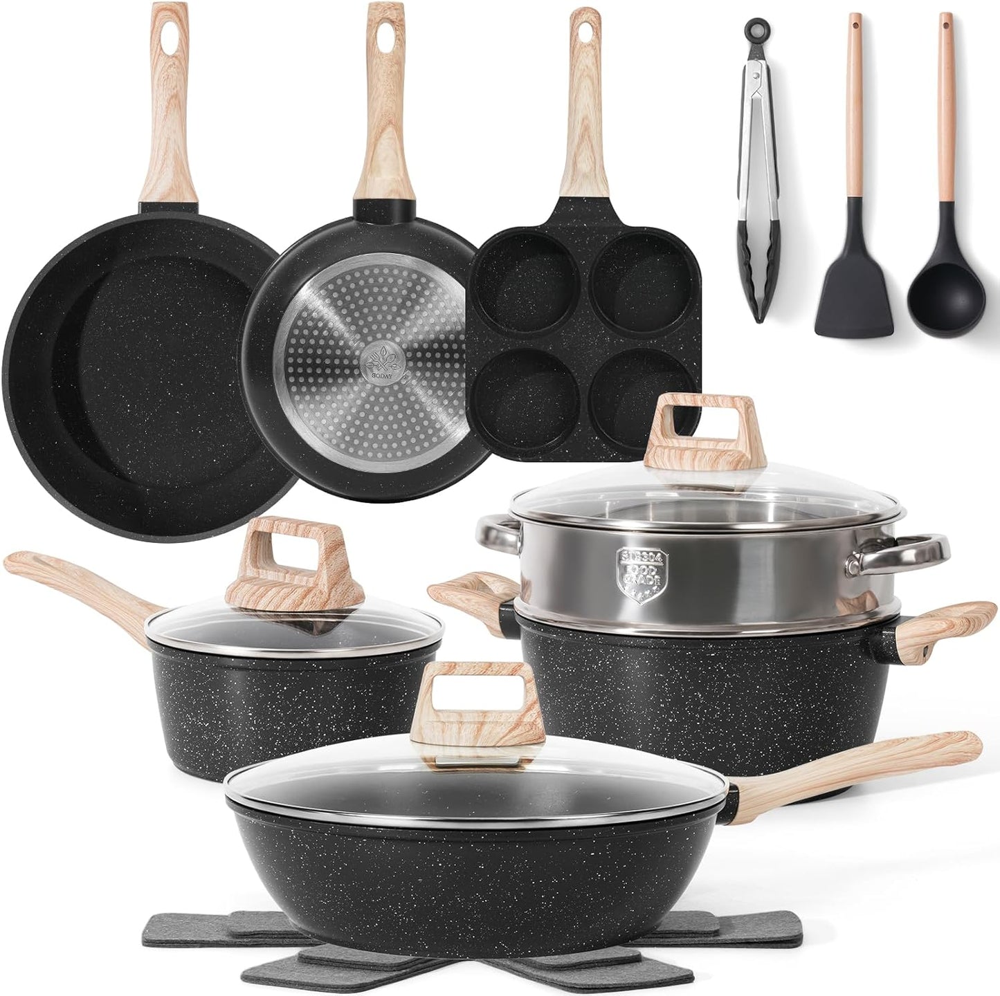12 Pcs Pots and Pans Set Non Stick, Cookware Sets White Granite Induction Cookware, Non-toxic Healthy Nonstick Kitchen Cooking Set with Frying Pans Set, Saucepans (PFAS/PFOA/PFOS Free)