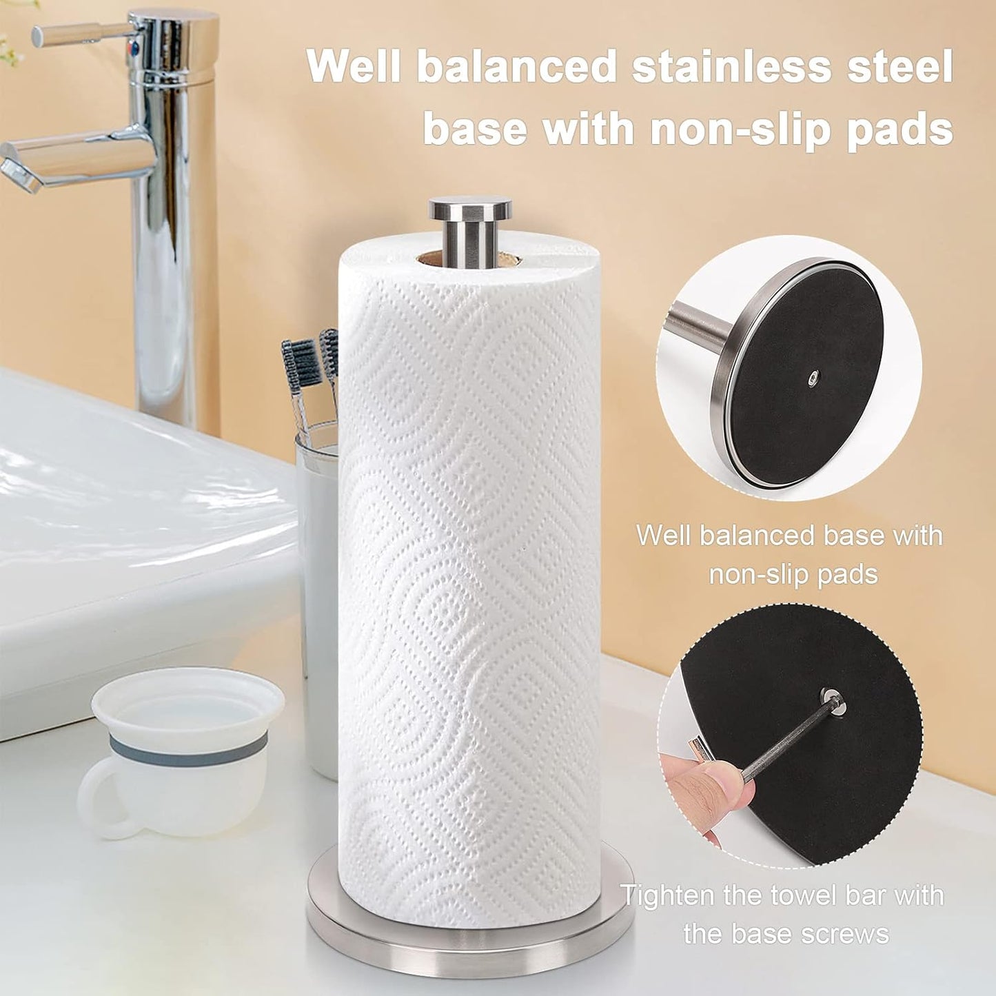 NearMoon Standing Paper Towel Holder, Kitchen Paper Towel Tissue Holder- for Bathroom Countertop, Standard or Jumbo-Sized Roll Paper (with Stainless Steel Base, Brushed Nickel)