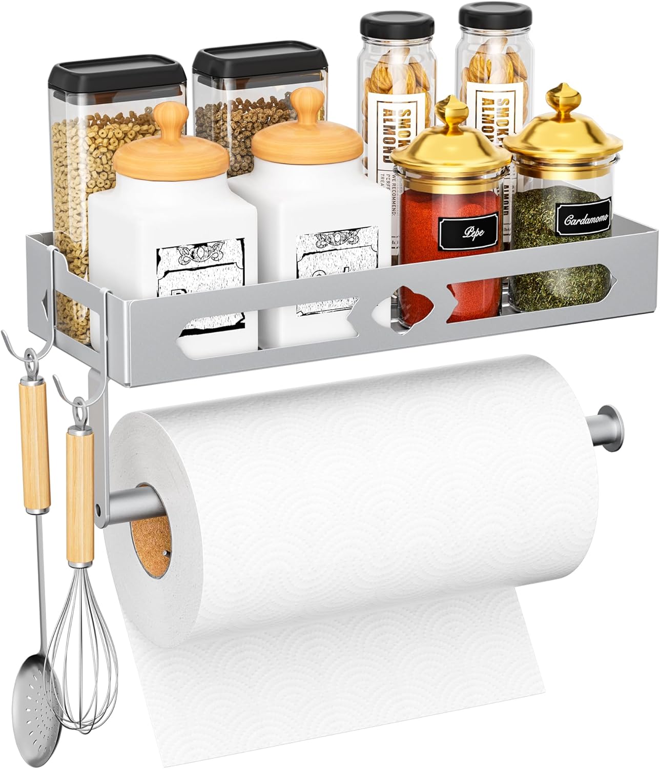 Paper Towel Holder with Shelf for Bathroom, Kitchen Paper Holder Spice Rack Paper Towel Roll Holder Wall Mounted Paper Towel Holder with 2 Hooks(2 Installation Methods - Self-Adhesive and Drilling)