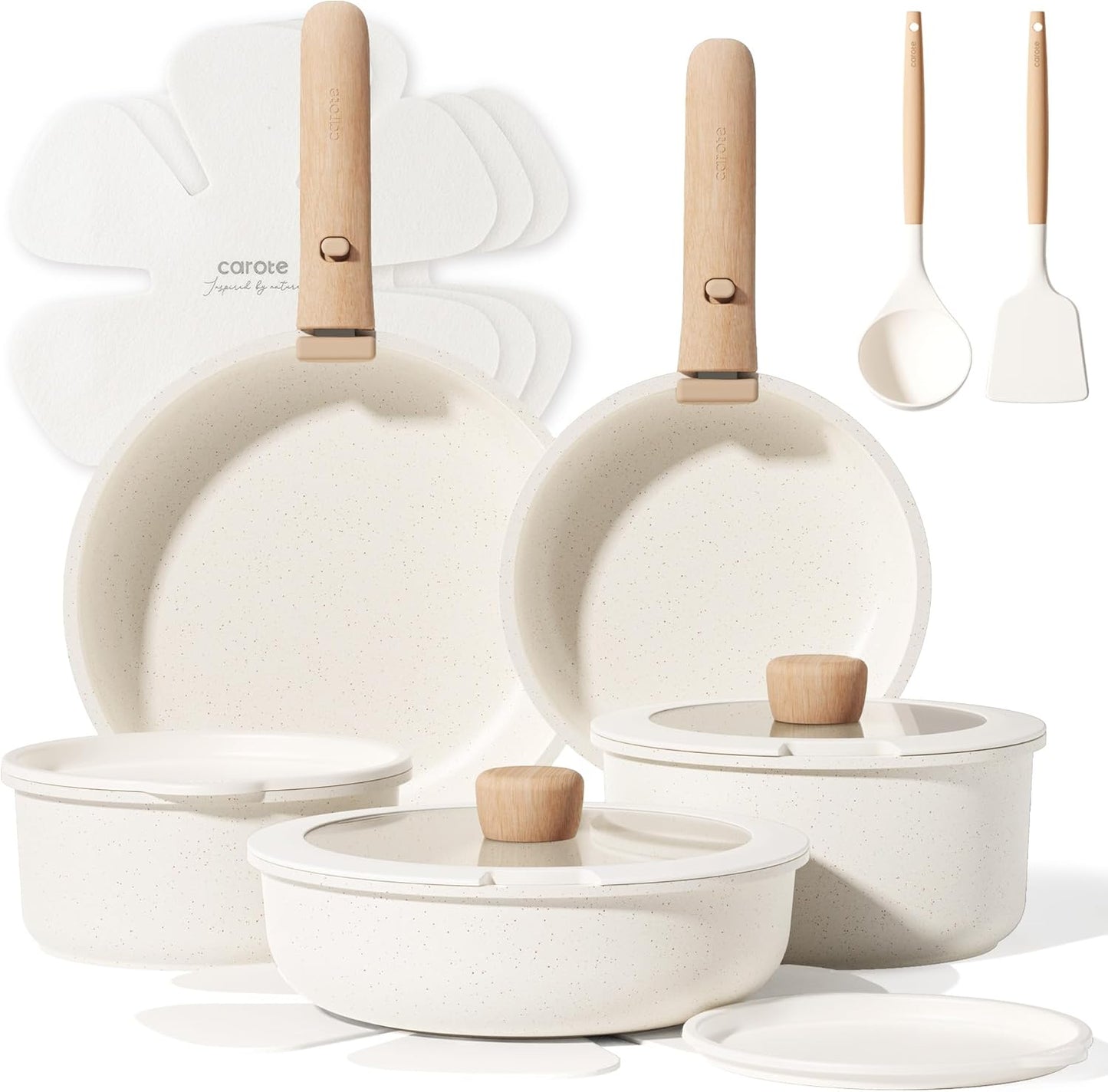 CAROTE 17pcs Pots and Pans Non Stick, Cookware Sets Detachable Handle, Induction Kitchen Pots and Pans,NonStick Cooking Set, Oven/Dishwasher/Fridge Safe, Space Saving