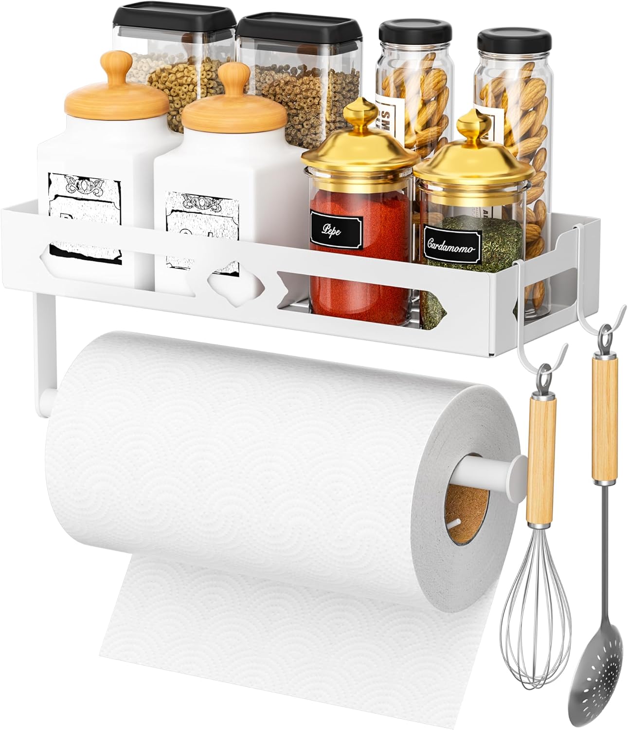 Paper Towel Holder with Shelf for Bathroom, Kitchen Paper Holder Spice Rack Paper Towel Roll Holder Wall Mounted Paper Towel Holder with 2 Hooks(2 Installation Methods - Self-Adhesive and Drilling)