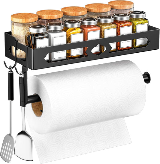 Paper Towel Holder with Shelf for Bathroom, Kitchen Paper Holder Spice Rack Paper Towel Roll Holder Wall Mounted Paper Towel Holder with 2 Hooks(2 Installation Methods - Self-Adhesive and Drilling)