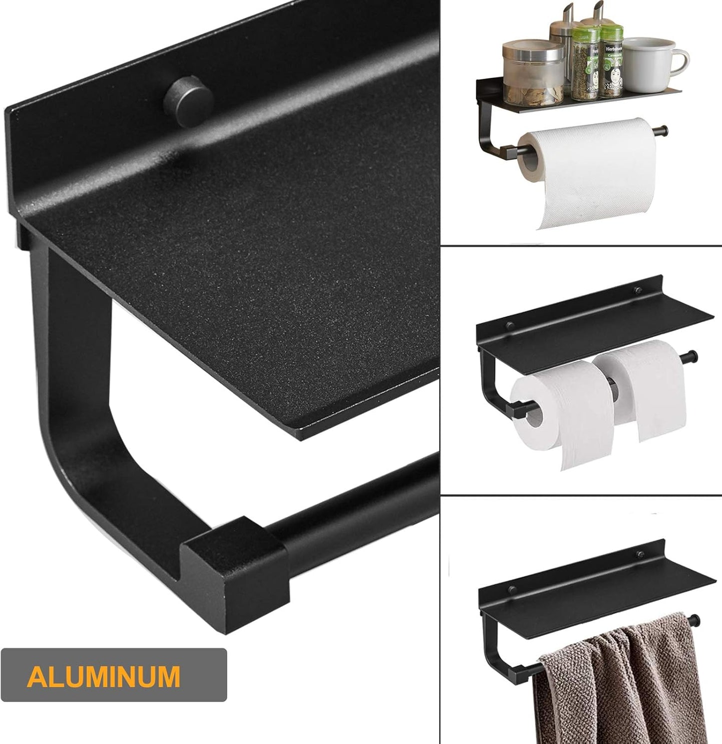 BESy Adhesive Paper Towel Holder Wall Mounted for Kitchen 13 in, Bathroom Tissue Roll Hanger with Storage Shelf, Space Aluminum, Self Adhesive with Glue or Wall Mount with Screws, Matte Black