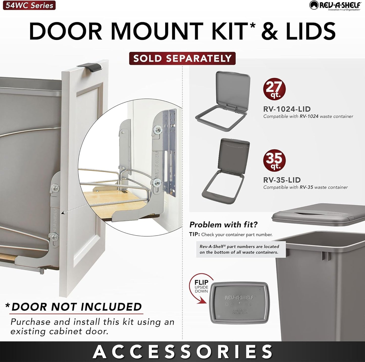 Rev-A-Shelf Steel Bottom Mount Double 35 Quart 8.75 Gallon Waste Bin Trash Container for Under Kitchen Cabinet with Soft Close, Gray, 54WC-1835SC-17-1