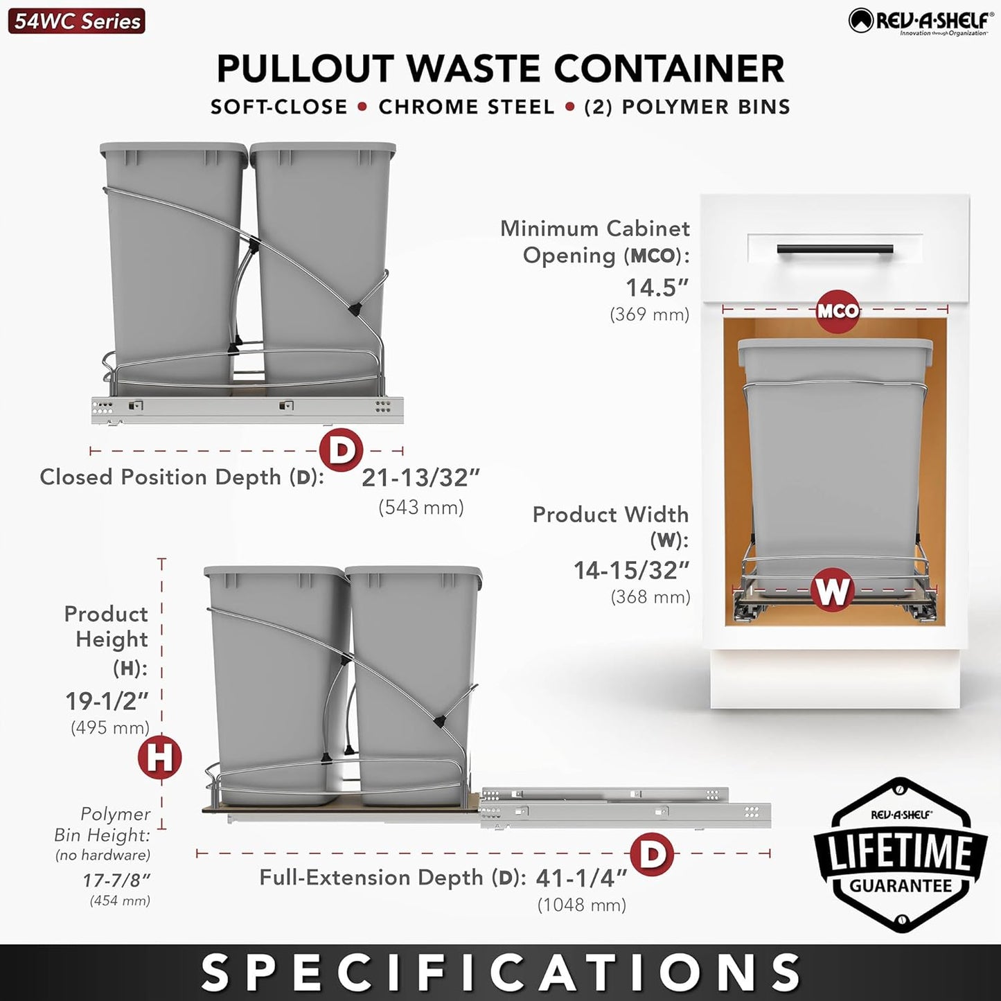 Rev-A-Shelf Steel Bottom Mount Double 35 Quart 8.75 Gallon Waste Bin Trash Container for Under Kitchen Cabinet with Soft Close, Gray, 54WC-1835SC-17-1