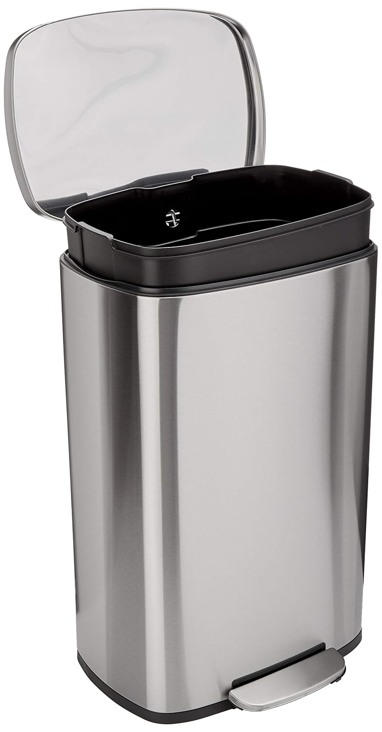 Amazon Basics Smudge Resistant Small Rectangular Trash Can With Soft-Close Foot Pedal, Brushed Stainless Steel, 12 Liter/3.1 Gallon, Satin Nickel Finish, 11.3"L x 9.9"W x 15.1"H