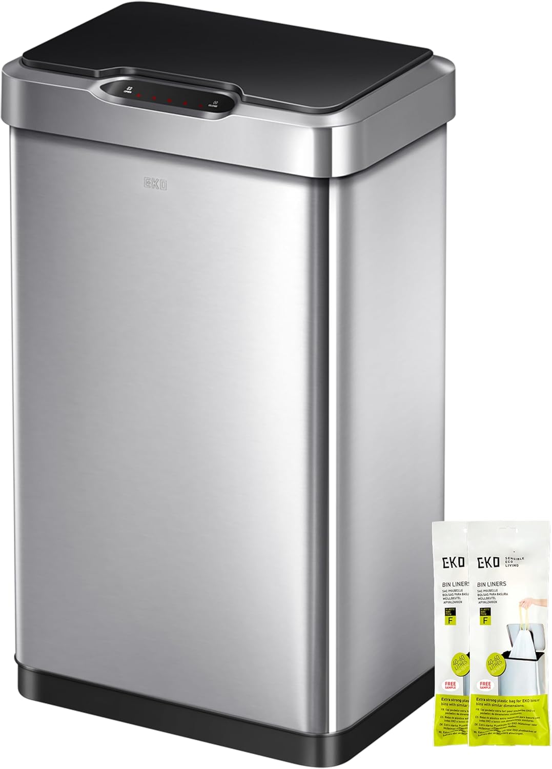 EKO Mirage-T 50 Liter / 13.2 Gallon Touchless Rectangular Motion Sensor Trash Can, Brushed Stainless Steel Finish (Matte Black)