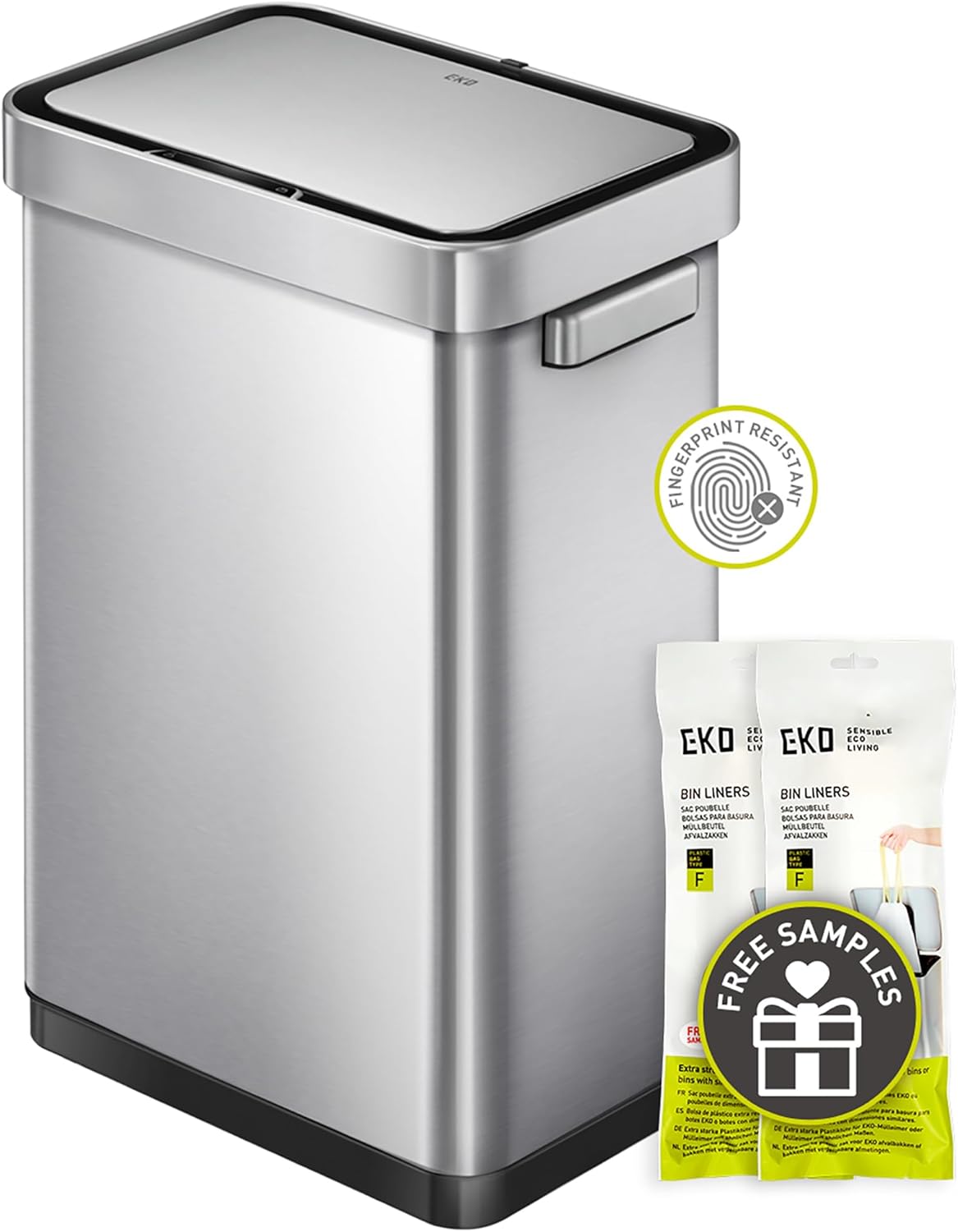 EKO Mirage-T 50 Liter / 13.2 Gallon Touchless Rectangular Motion Sensor Trash Can, Brushed Stainless Steel Finish (Matte Black)