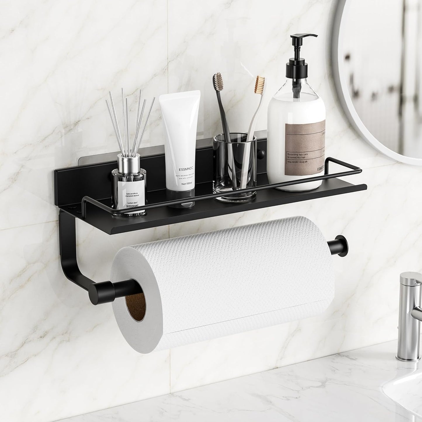 Paper Towel Holder with Shelf for Bathroom, Kitchen Paper Holder Spice Rack Paper Towel Roll Holder Wall Mounted Paper Towel Holder with 2 Hooks(2 Installation Methods - Self-Adhesive and Drilling)