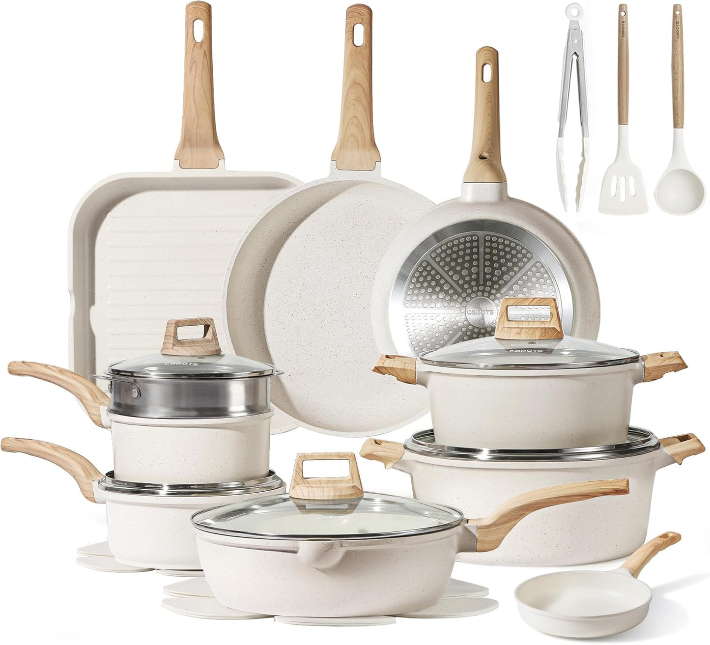 CAROTE 21Pcs Pots and Pans Set, Nonstick Cookware Sets, White Granite Induction Cookware Non Stick Cooking Set w/Frying Pans & Saucepans(PFOS, PFOA Free)