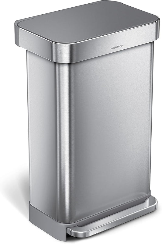 simplehuman 45 Liter / 12 Gallon Liter Rectangular Hands-Free Kitchen Step Trash Can with Soft-Close Lid, Brushed Stainless Steel with Plastic Lid