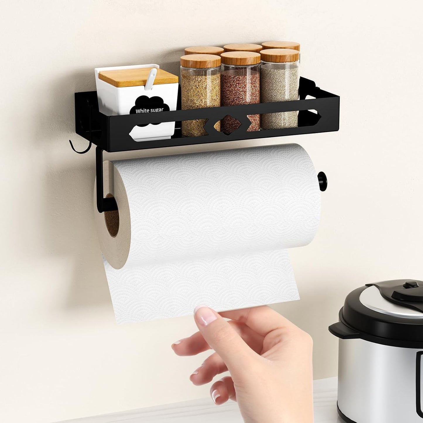 Paper Towel Holder Wall Mount for Kitchen, Easy One-handed Operation Design, Self Adhesive Paper Towel Holder with Shelf for Bathroom, RV Paper Towel Rack Paper Roll Holder with 2 Hooks, Black