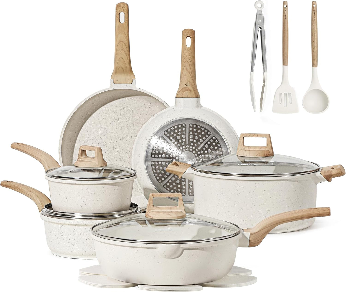 CAROTE 21Pcs Pots and Pans Set, Nonstick Cookware Sets, White Granite Induction Cookware Non Stick Cooking Set w/Frying Pans & Saucepans(PFOS, PFOA Free)