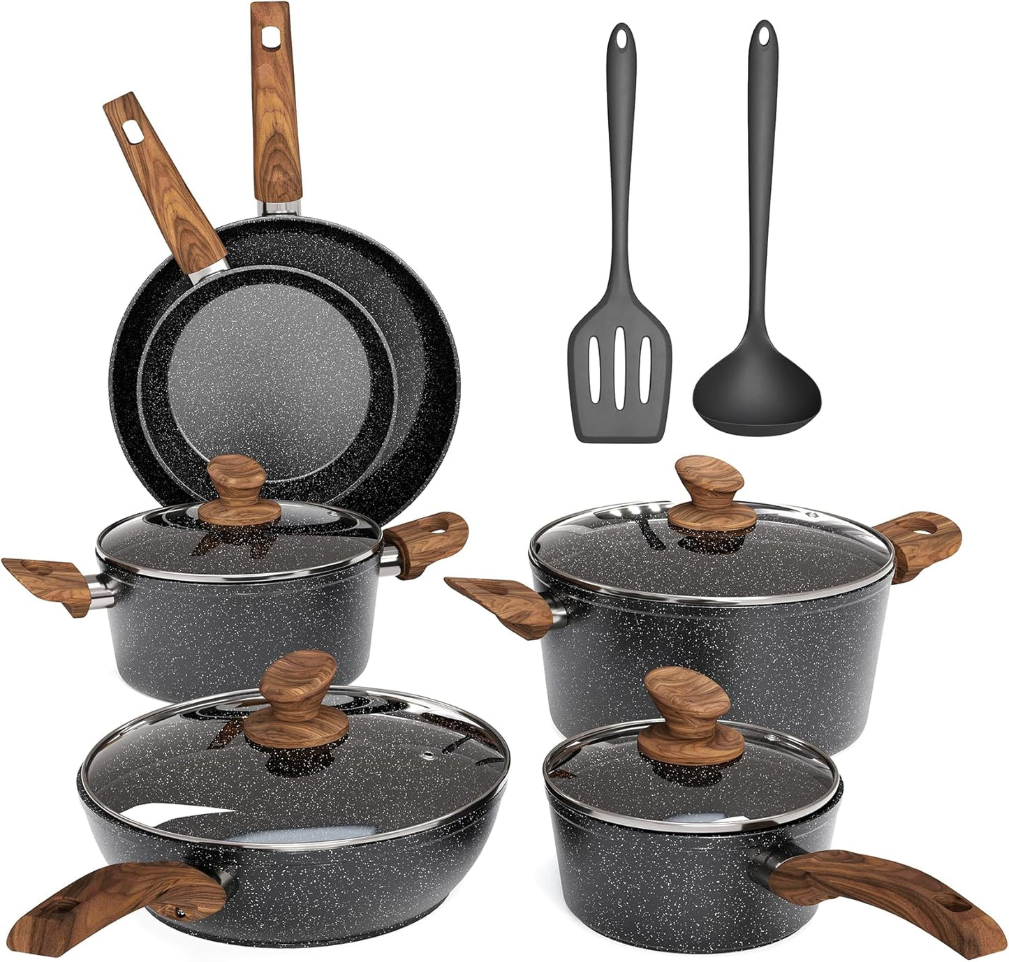 MAISON ARTS Pots and Pans Set Non Stick, 12 Piece Green Granite Kitchen Cookware Induction Compatible, Pot and Pan Sets for Cooking Nonstick