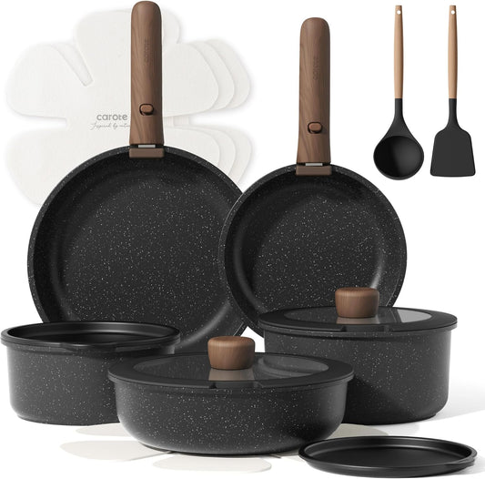 CAROTE 17pcs Pots and Pans Non Stick, Cookware Sets Detachable Handle, Induction Kitchen Pots and Pans,NonStick Cooking Set, Oven/Dishwasher/Fridge Safe, Space Saving