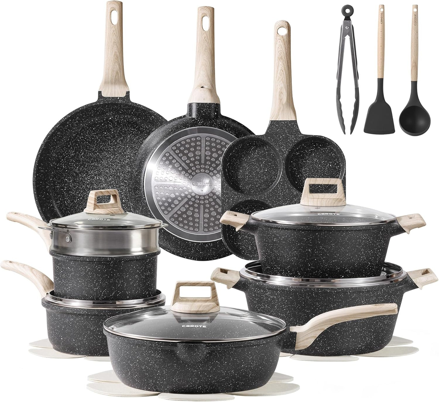 CAROTE 21Pcs Pots and Pans Set, Nonstick Cookware Sets, White Granite Induction Cookware Non Stick Cooking Set w/Frying Pans & Saucepans(PFOS, PFOA Free)
