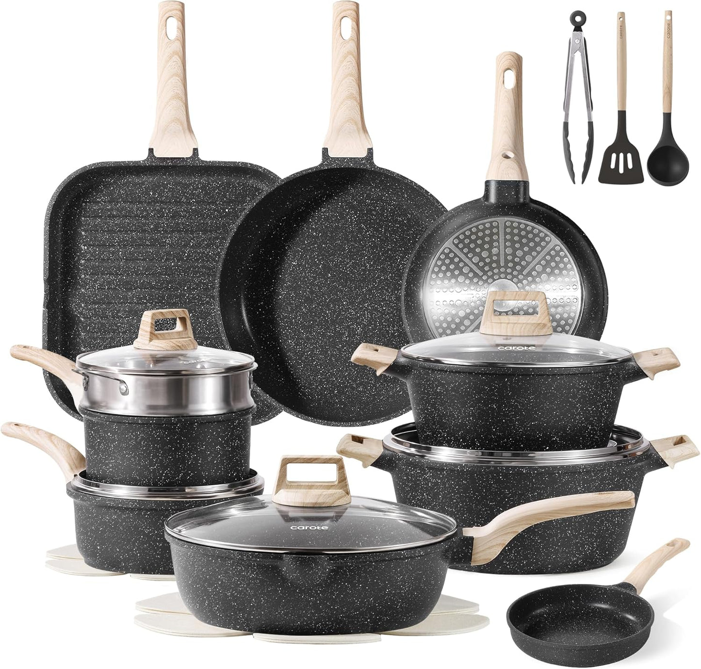 CAROTE 21Pcs Pots and Pans Set, Nonstick Cookware Sets, White Granite Induction Cookware Non Stick Cooking Set w/Frying Pans & Saucepans(PFOS, PFOA Free)