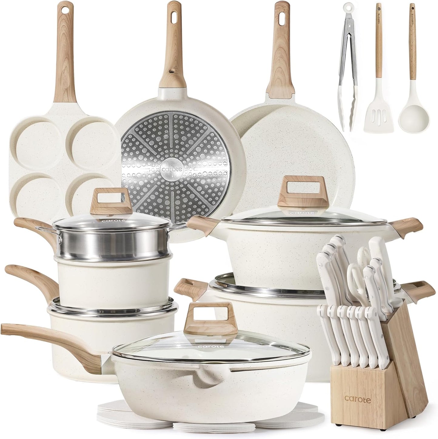 CAROTE 21Pcs Pots and Pans Set, Nonstick Cookware Sets, White Granite Induction Cookware Non Stick Cooking Set w/Frying Pans & Saucepans(PFOS, PFOA Free)